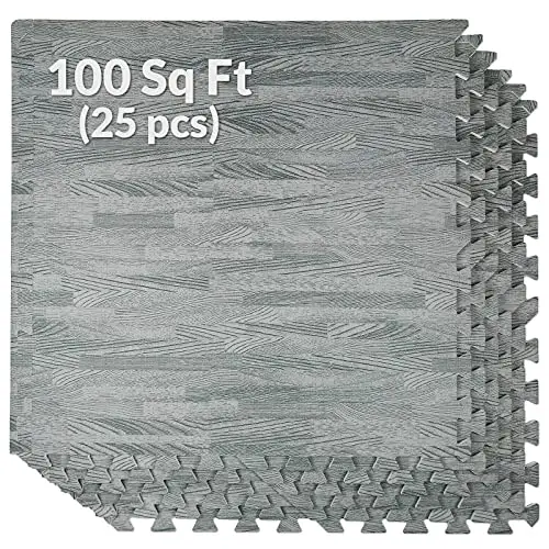 100 Sq. Ft 3/8 Inch Thick Printed Foam Tiles Interlocking Foam Mat, Sea Haze Grey Wood Grain Style Print, (24"x24", 25 pcs), Protective Flooring for Home Office Playroom Basement Trade Show