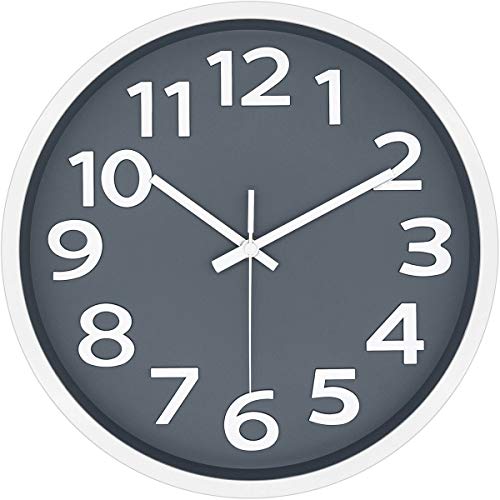 12 Inch Modern Wall Clock Silent Non-Ticking Battery Operated 3D Numbers Bright Color Dial Face Wall Clock for Home/Office Decor,Gray