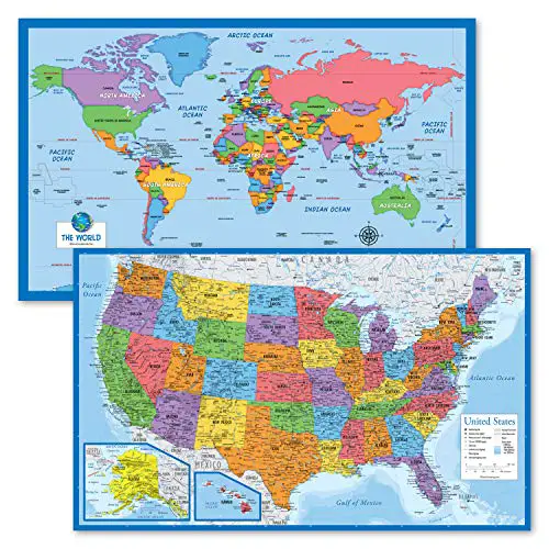 2 Pack - World Map for Kids + Blue Ocean USA Map (Laminated, 18" x 29")