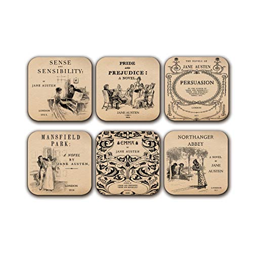 6 Coasters with Complete Novels of Jane Austen . Six Coffee Mug Coasters with Complete Novels of Jane Austen's Book Designs. (Aged Paper)
