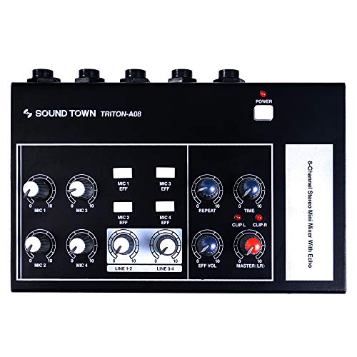 8-Channel Mono Stereo Karaoke Mini Mixer with 1/4” Inputs and Outputs, Echo/Delay Effect and Depth Controls (TRITON-A08)
