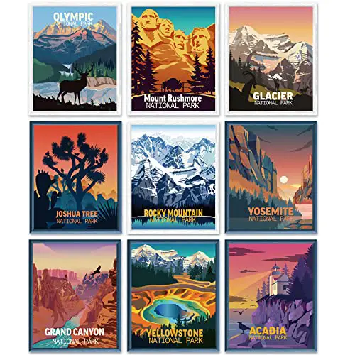 9 Pieces Vintage National Park Posters, National Parks Art Prints Nature Wall Art and Mountain Print Set Abstract Travel Unframed for Hikers Campers Living Room Decor, 8 x 10 Inch (National Park)