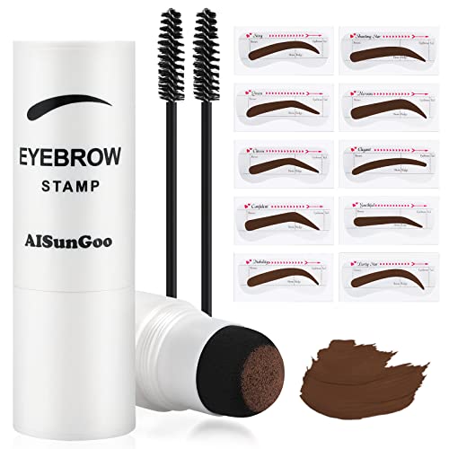 AISunGoo Eyebrow Stamp Stencil Kit,Brow Stamp,Eyebrow Color Stamp with 10 Reusable Thin & Thick Brow Stencils and 2 Brush, Perfect Natural Brow, Waterproof and Long-Lasting(Soft Brown)