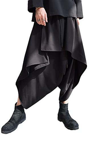 AITFINEISM Men's Casual Skirt Pants Loose Wide Leg Harem Pant Japanese Harajuku Kimono Trousers (Large, Black 2)