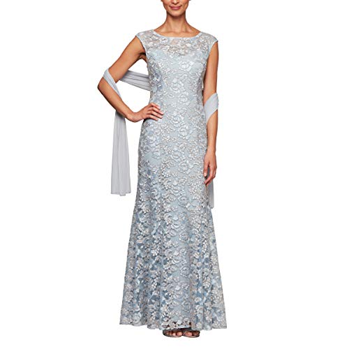 Alex Evenings Women's Petite Long Sleeveless Dress with Shawl, Light Blue Lace, 12P