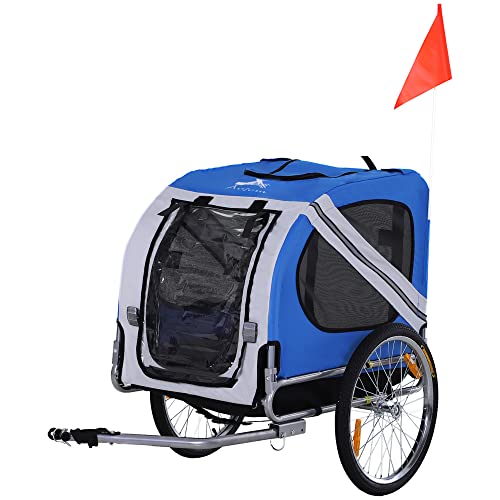 Aosom Dog Bike Trailer Pet Cart Bicycle Wagon Cargo Carrier Attachment for Travel with 3 Entrances Large Wheels for Off-Road & Mesh Screen - Light Blue / Grey