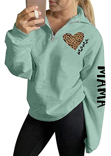 BANGELY Womens Mama Sweatshirt Mom Life Zip Up Pullover Funny Leopard Graphic Tee High Collar Quarter 1/4 Zip Coat