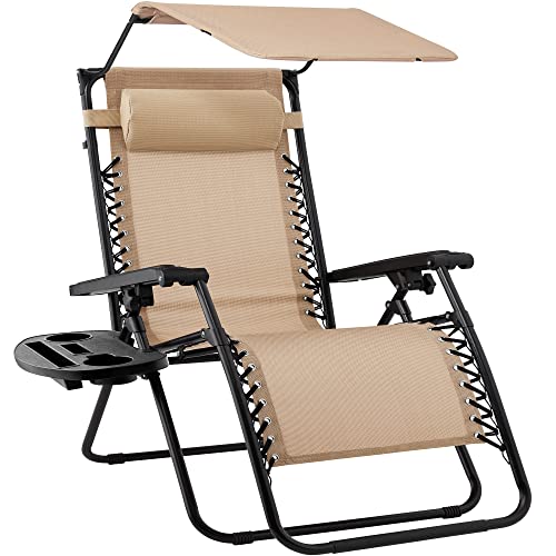 Best Choice Products Folding Zero Gravity Outdoor Recliner Patio Lounge Chair w/Adjustable Canopy Shade, Headrest, Side Accessory Tray, Textilene Mesh - Beige