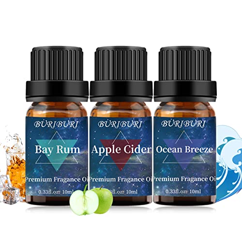 BURIBURI Ocean Breeze, Bay Rum and Apple Cider Fragrance Oil Set, 3Pcs Natural Essential Oils for Diffusers (Ocean Breeze+Bay Rum+Apple Cider)