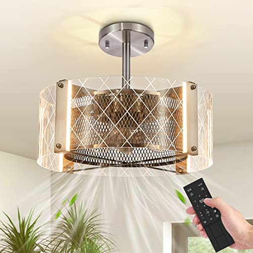 Ceiling Fans with Lights Remote Control, Modern Enclosed Ceiling Fan, Flush Mount Caged Low Profile Ceiling Fan Light Kit with Dimmable LED Light & 6 Speeds Reversible Blades Timing for Living Room