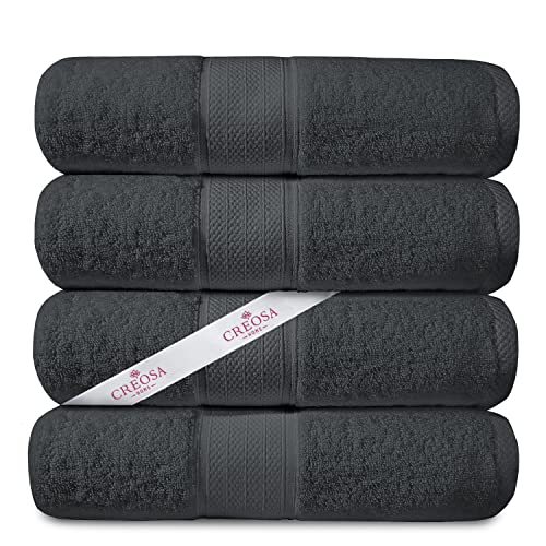 CREOSA Luxury Bath Towels Set of 4 Dark Grey, 100% Long Staple Ring Spun Combed Cotton Bath Towels 27x54 Inches, Maximum Absorbance and Soft Bathroom Towel Sets with Hanging Loop