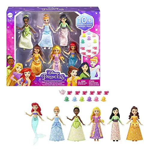Disney Princess Toys, 6 Posable Small Dolls with Sparkling Clothing and 13 Tea Party Accessories Inspired by Disney Movies