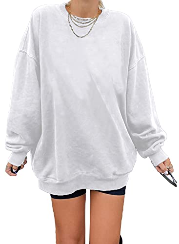 Dokotoo Womens Ladies Plus Size Cotton Basic Oversized Crewneck Long Tunic Sweatshirts for Women Long Sleeve Comfy Cozy Winter Fleece Pullover 2022 Fall Tops Casual Loose Fit Tees Shirts White L