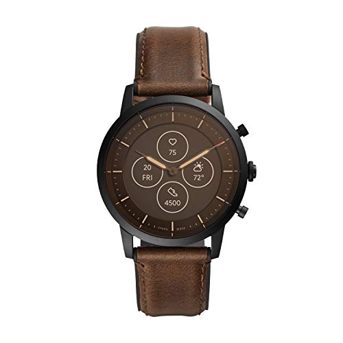 Fossil Men's 42mm Collider Stainless Steel and Leather Hybrid HR Smart Watch, Color: Black, Brown (Model: FTW7008)