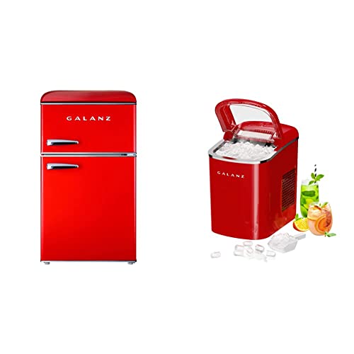 Galanz GLR31TRDER Retro Compact Refrigerator, Adjustable Mechanical Thermostat with True Freezer, Red, 3.1 Cu FT & Portable Countertop Electric Ice Maker Machine, 2.1 L, Retro Red