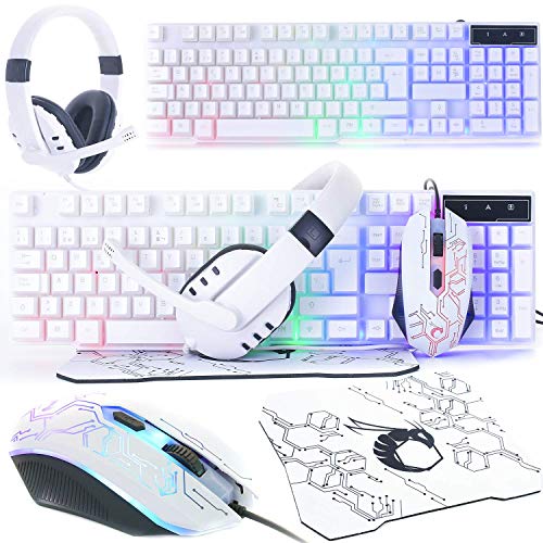 Gaming Keyboard and Mouse and Gaming Headset & Mouse Pad, Wired LED RGB Backlight Bundle for PC Gamers Users - 4 in 1 White Edition Hornet RX-250