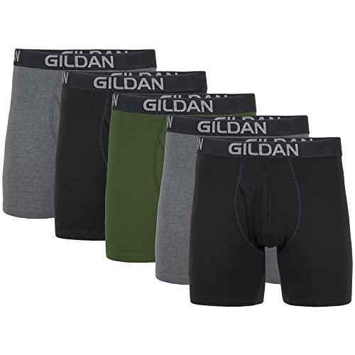 Gildan Men's Cotton Stretch Boxer Briefs, Multipack, Heather Dark Grey/Black Soot/Green Midnight (5-Pack), X-Large