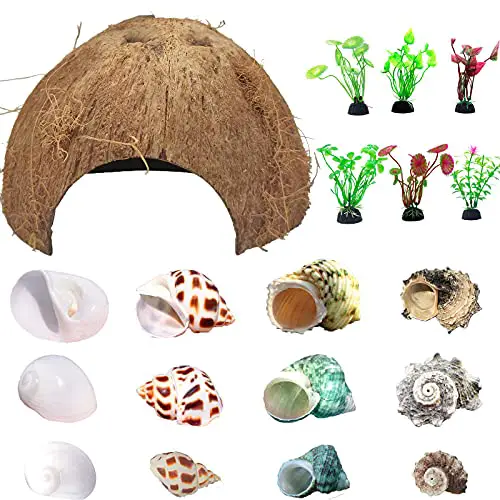 Hermit Crab Shells Natural Coconut Shell Hut Artificial Plants 19 PCS Decoration Supplies House Tank