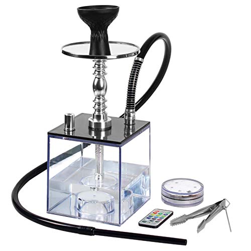 Hookah, Hookah Set - Modern Cube Acrylic Hookah with Silicone Hookah Bowl Leather Hose Coal Tongs Aluminum Stem with Diffuser Magical Remote LED Light for Better Shisha Hookah Narguile Smoking
