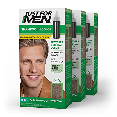 Just For Men Shampoo-In Color (Formerly Original Formula), Gray Hair Coloring for Men, With Keratin and Vitamin E for Stronger Hair - Dark Blond/Lightest Brown, H-15, 3 Pack (Packaging May Vary)