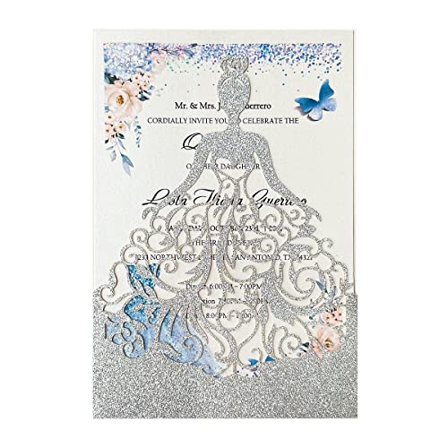 KUCHYNEE 5 x7.3 inch 50PCS Personalized Silver Glitter Quinceanera Invitations Kit Laser Cut Hollow Girl Princess Pocket with Envelopes Invitations for Quinceanera Bridal Shower Invite