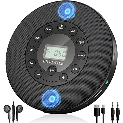 Lukasa Portable Bluetooth CD Player Built-in Speaker Stereo, Personal Walkman MP3 Players Rechargeable Compact Car Disc CD Music Player USB Play Anti-Shock Protection (Black)