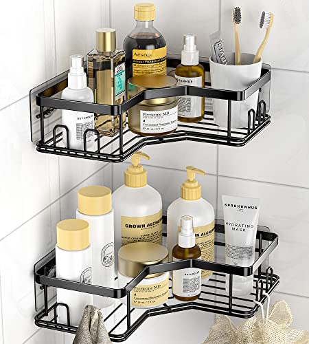 MAXIFFE Corner Shower Caddy, Shower Organizer Corner Shower Shelf with 8 Hooks,2-Pack Adhesive Stainless Steel Shower Shelves for Bathroom Storage (Matte Black)