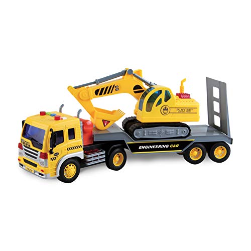 Maxx Action Long Haul Excavator Transport – Lights and Sounds Pull Back Toy Vehicle with Friction Motor | Realistic Construction Truck and Trailer for Kids