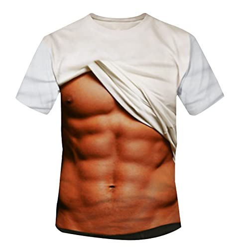 Muscle Tee Shirts for Men Novel Funny T-Shirt with Abdominal Muscle 3D Printed Graphics Tees Slim Fit Basic Tops White