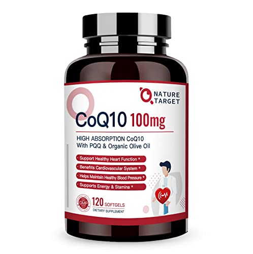 NATURE TARGET CoQ10-100mg-Softgels + PQQ with Organic-Olive-Oil - High Absorption-Coenzyme-Q10 - Antioxidant-for-Heart-Health and Immune Support, Energy Production, 120 Servings…