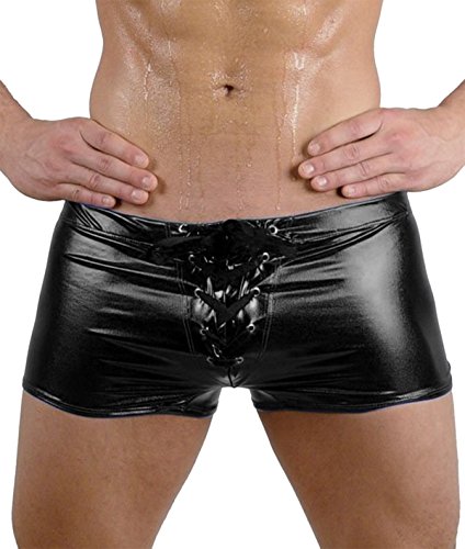 Panegy Men's Sexy Leather Underwear Boxer Briefs Black Fashion Board Shorts with Drawstring Large