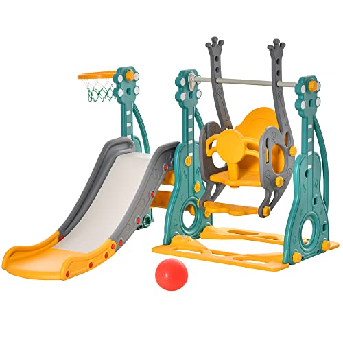 Qaba Basketball-Design Baby Slide and Swing Set for Toddlers with Ultra-Safety, Baby Playground Set, Fun Toddler Playset Exercise Toy & Indoor/Outdoor Toy for Toddlers Ages 1.5-3