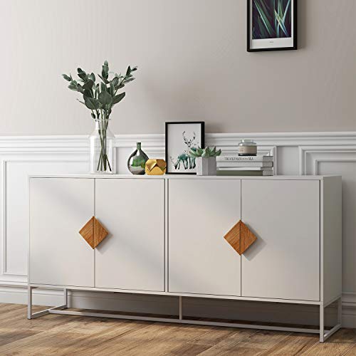 RASOO Sideboard Cabinet White Modern 4 Doors Kitchen Buffet Storage Cabinet Televison Tables Entryway Cupboard Furniture with Solid Wood Square Handles and Metal Legs