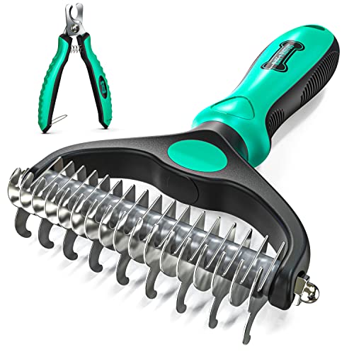 Ruff 'N Ruffus Double Sided Professional Grade Undercoat Pet Rake Brush | Gently Removes Loose Undercoat, Mats & Tangled Hair | Reduces Shedding By 95% | Great for Dogs & Cats | + Free Nail Clipper