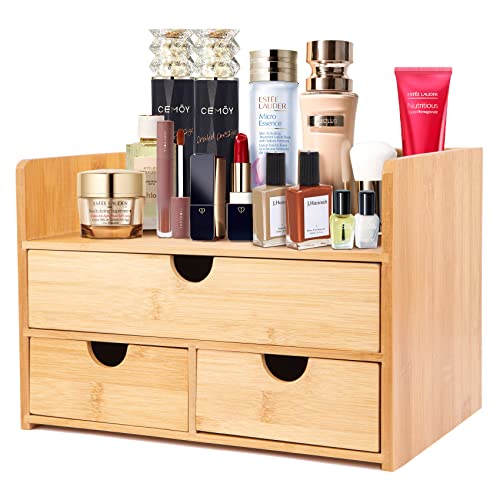 Small Makeup Organizers and Storage for Vanity – Bathroom Counter Organizers and Storage – Dresser Bathroom Organizer Countertop – Cosmetic Storage Organizer Skincare Skin Care Bamboo Desk Drawers