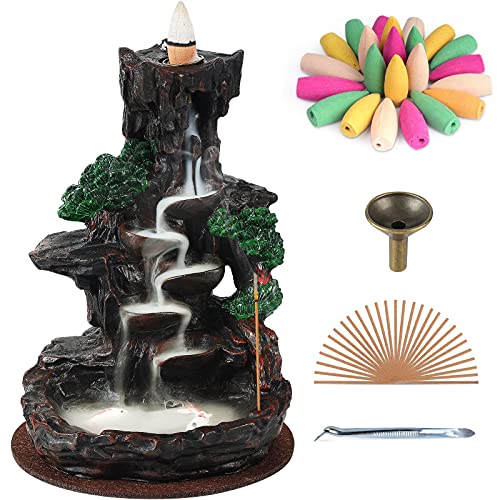 SOLEJAZZ Backflow Incense Burner Waterfall Incense Holder Mountain Tower Incense Holders, with 120 Backflow Incense Cones, 30 Incense Sticks, Home Decor Aromatcherapy Ornamen