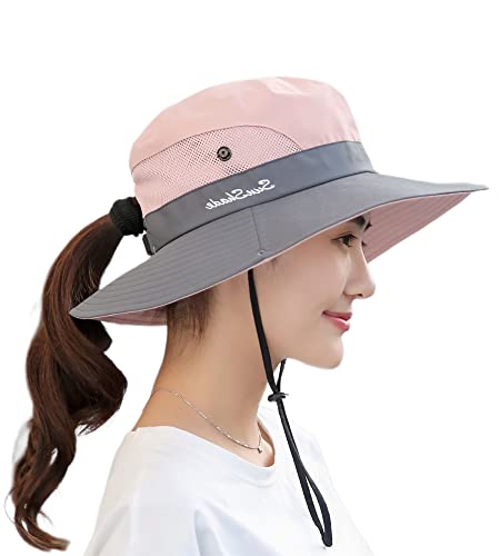 Sun Hats for Ponytail Hole Women with UV-Protection (Pink)
