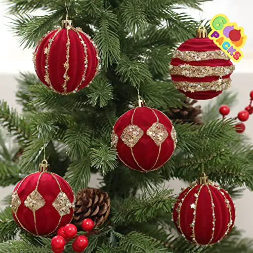 SY Super Bang 2.76"/70MM Christmas Ornaments Set, 6PCS Flocked Xmas Ball Hanging Decorations, for Christmas Tree Holiday Party Thanksgiving - Red/Gold.