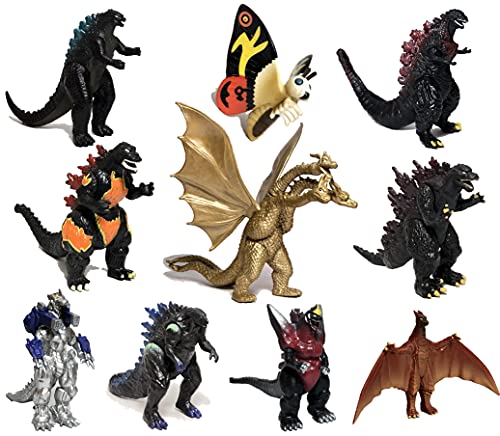 TwCare Set of 10 Godzilla Toys, Movable Joint Action Figures, King of The Monsters vs Kong Mini Dinosaur Mothra Imago Burning Heisei Mecha Ghidorah Playsets Kids Birthday Cake Toppers Pack