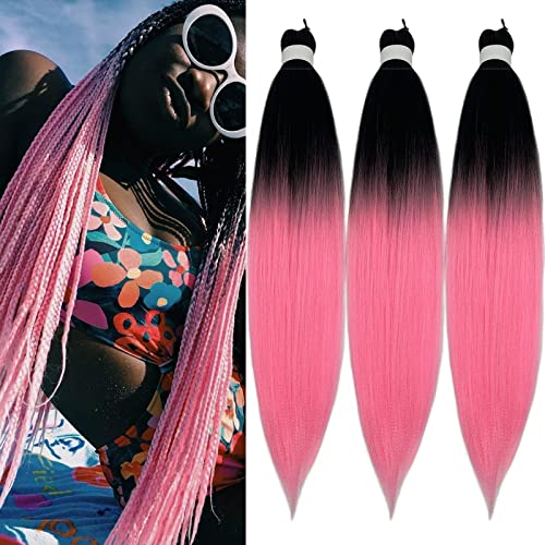 UPruyo Colored Pink Ombre Braiding Hair Per Stretched Extensions for Braids Weave Prestretched Pre Stretched Braiding Hair Ombre Fake Synthetic Hair for Braiding ​(26 In 3 Packs)
