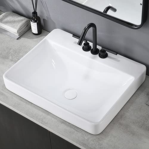 VESLA HOME 23" Rectangular Porcelain Ceramic Above Counter Bathroom Vessel Sink,Modern Basin for Lavatory Vanity Cabinet with 8" Widespread Faucet Holes