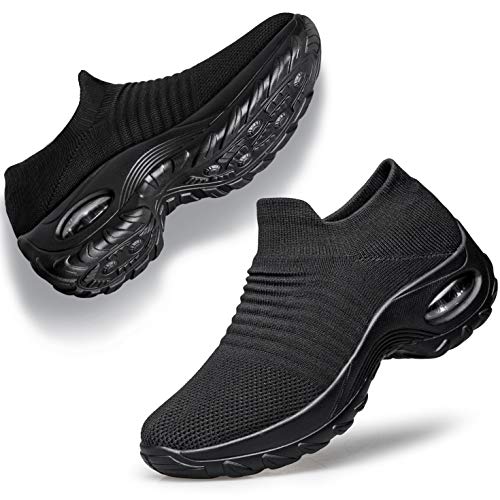 YHOON Women's Walking Shoes - Sock Sneakers Slip on Mesh Platform Air Cushion Athletic Shoes Work Nurse Comfortable Black 8