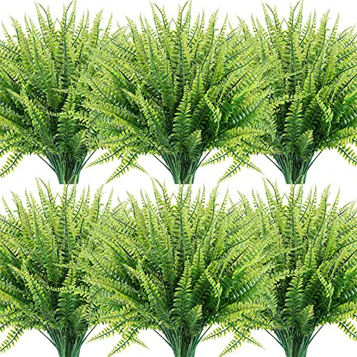 ZEOSTARO 12 Bundles Artificial Plants, Fake Boston Fern Greenery Outdoor UV Resistant No Fade Faux Plastic Plants Garden Porch Window Box Decorating